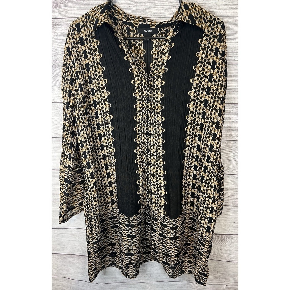 Alfani Sheer Chain Print Blouse Women's Size 14 Black Gold Button Front‎ Top